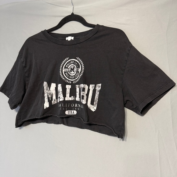 Garage Womens Oversized Cropped "Malibu" Graphic Tee Size S Black Cotton Gym - Picture 3 of 7